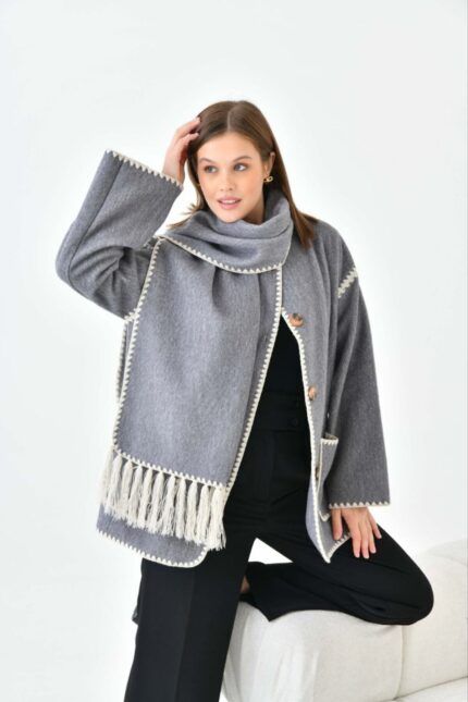 Nakış Detaylı Atkılı Yumuşak Kaşe Kaban-ceket Gri – Gri - Alfudo Moda