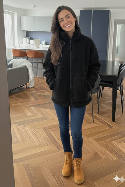 Dik Yakalı Cepli Kadın Peluş Ceket – Siyah - Alfudo Moda