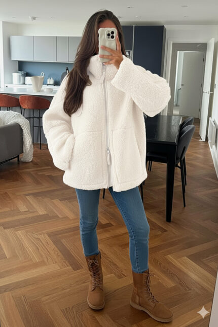 Dik Yakalı Cepli Kadın Peluş Ceket – Ekru - Alfudo Moda