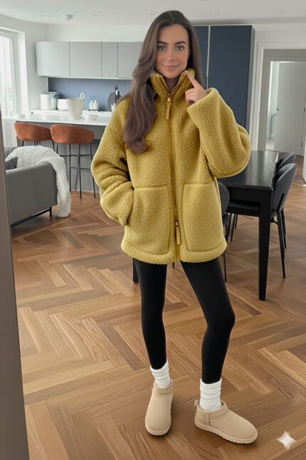 Dik Yakalı Cepli Kadın Peluş Ceket – Camel - Alfudo Moda