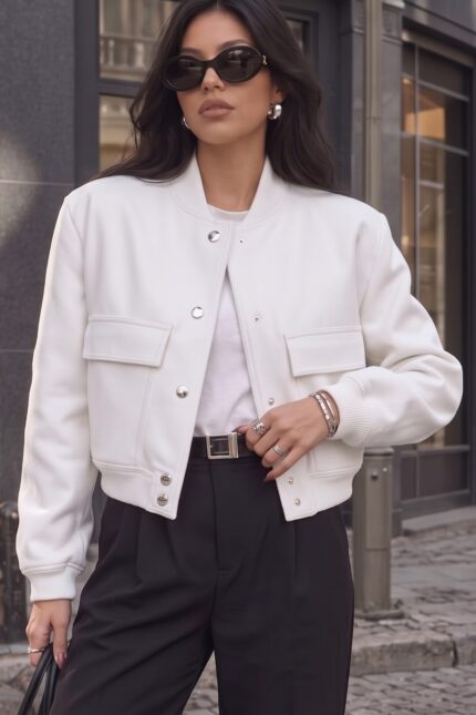 Çıtçıt Detaylı Cepli Kısa Bomber Ceket – Beyaz - Alfudo Moda