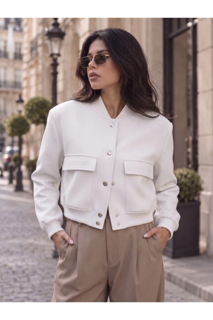 Çıtçıt Detaylı Cepli Kısa Bomber Ceket – Beyaz - Alfudo Moda