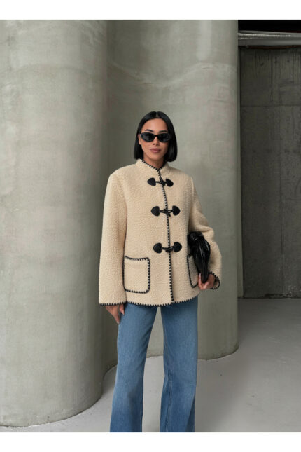 Bej Düğmeli Peluş Kadın Mont – Bej - Alfudo Moda