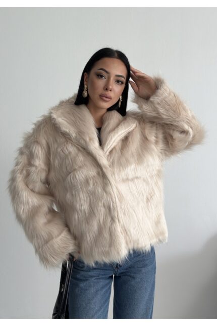 Kadın Suni Kürk Ceket Astarlı Slim Fit Taş – Bej - Alfudo Moda