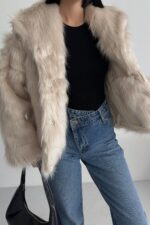 Kadın Suni Kürk Ceket Astarlı Slim Fit Taş - Bej - Görsel 3