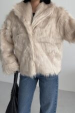 Kadın Suni Kürk Ceket Astarlı Slim Fit Taş - Bej - Görsel 5