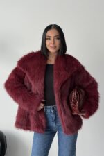 İçi Astarlı Premium bordo kürk ceket - Bordo - Görsel 2