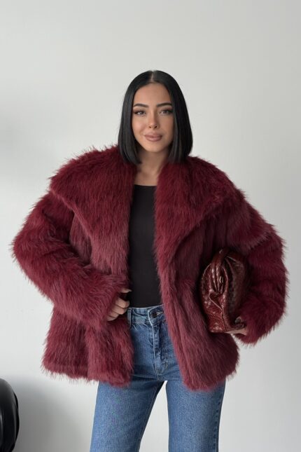 İçi Astarlı Premium bordo kürk ceket – Bordo - Alfudo Moda