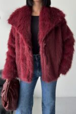 İçi Astarlı Premium bordo kürk ceket - Bordo - Görsel 5