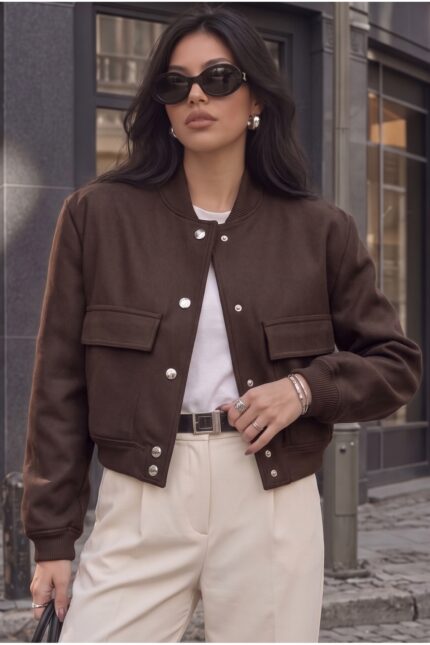 Çıtçıt Detaylı Cepli Kısa Bomber Ceket – Kahverengi - Alfudo Moda