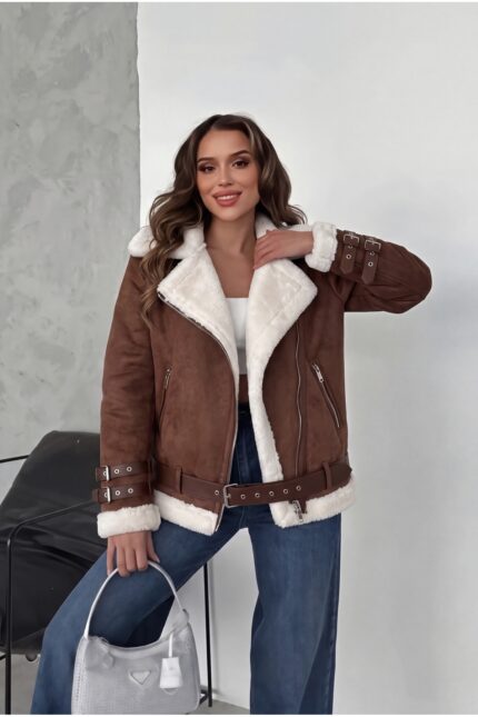 Yeni Sezon Kadın Içi Rapitli Kemer Detaylı Kahverengi Zr Deri Süet Mont – Kahverengi - Alfudo Moda