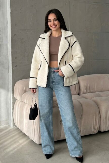 Valley Kadın Kruvaze Yaka Teddy Mont – Ekru - Alfudo Moda