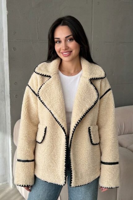 Valley Kadın Kruvaze Yaka Teddy Mont – Bej - Alfudo Moda