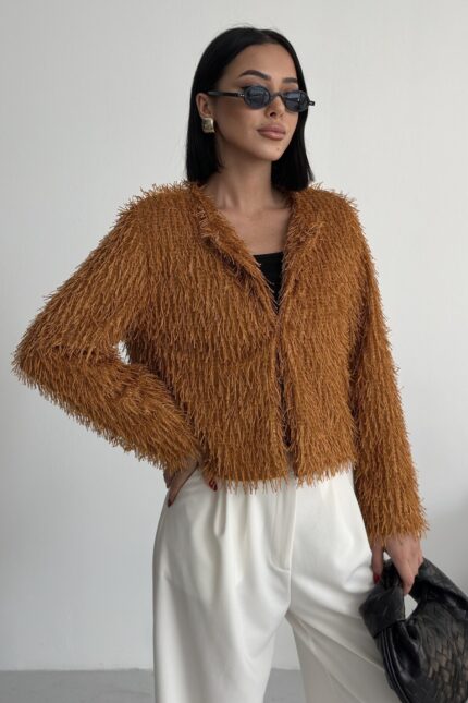Yakasız Püsküllü Kiremit Kürk Mont – Kiremit - Alfudo Moda