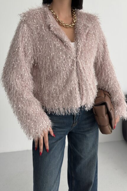 Yakasız İthal Püsküllü Pudra Kürk Mont – Pembe - Alfudo Moda