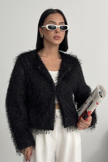 Yakasız Püsküllü Siyah Kürk Mont – Siyah - Alfudo Moda