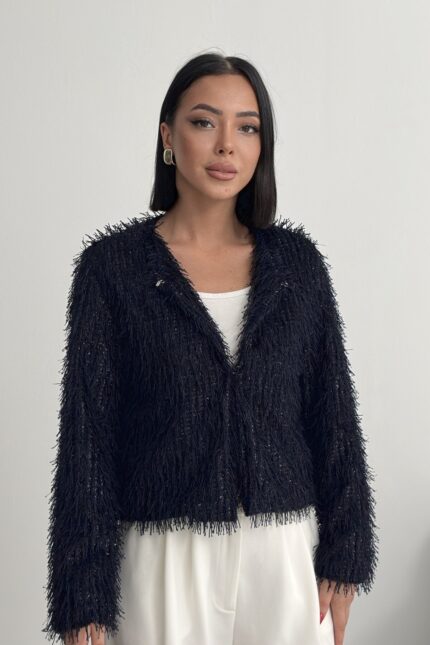 Yakasız İthal Püsküllü Lacivert Kürk Mont – Lacivert - Alfudo Moda