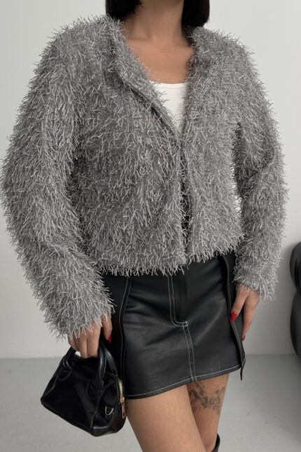 Yakasız İthal Püsküllü Füme Kürk Mont – Gri - Alfudo Moda