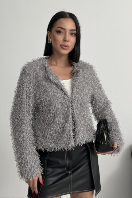 Yakasız İthal Püsküllü Füme Kürk Mont – Gri - Alfudo Moda