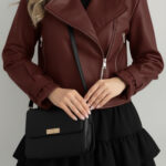 Kadın Siyah Oversize Deri Ceket - Bordo