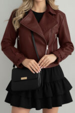 Kadın Siyah Oversize Deri Ceket - Bordo