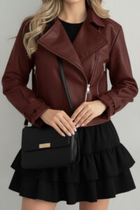 Kadın Siyah Oversize Deri Ceket - Bordo
