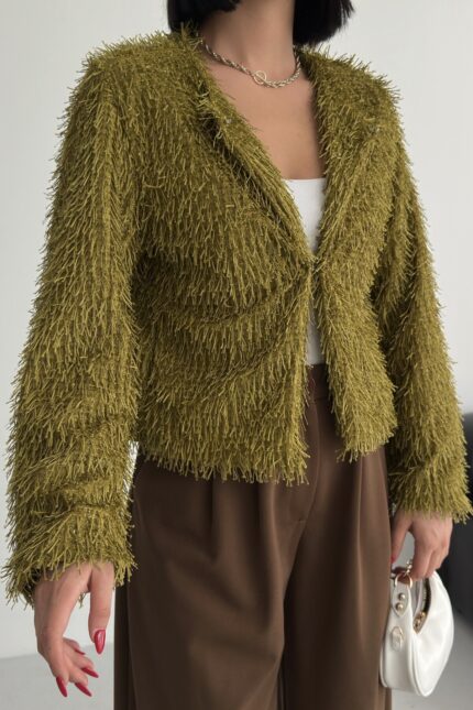 Yakasız İthal Püsküllü Hardal Renk Kürk Mont – Hardal - Alfudo Moda