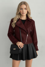 Kadın Siyah Oversize Deri Ceket - Bordo - Görsel 3