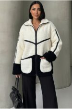 Kadın Krem Siyah Peluş Polar Ceket - Krem - Görsel 2