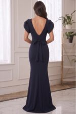 Kısa Kol Volanlı Taş Detaylı Kemerli Uzun Mezuniyet Abiye Elbise - Lacivert - Görsel 4