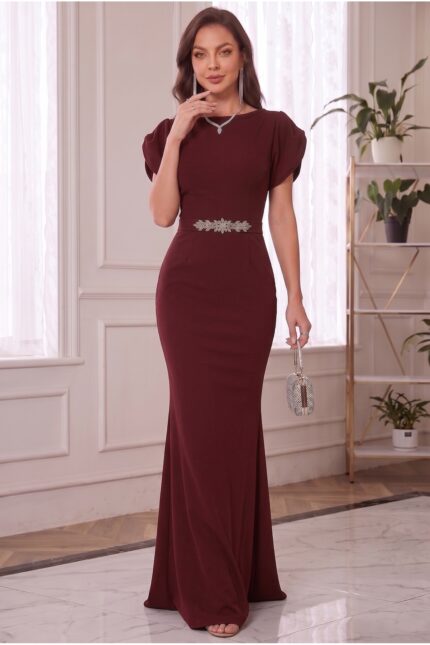 Kısa Kol Volanlı Taş Detaylı Kemerli Uzun Mezuniyet Abiye Elbise – Bordo - Alfudo Moda