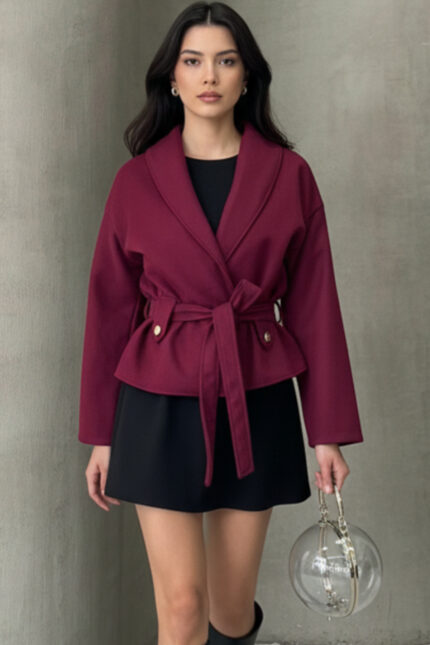 Bağlama Detaylı Düğmeli Rahat Kalıp Kaşmir Hırka/Ceket – Bordo - Alfudo Moda