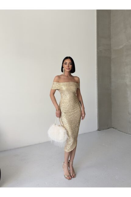 Liana Degaje Yaka Mini Gold Elbise – Gold - Alfudo Moda