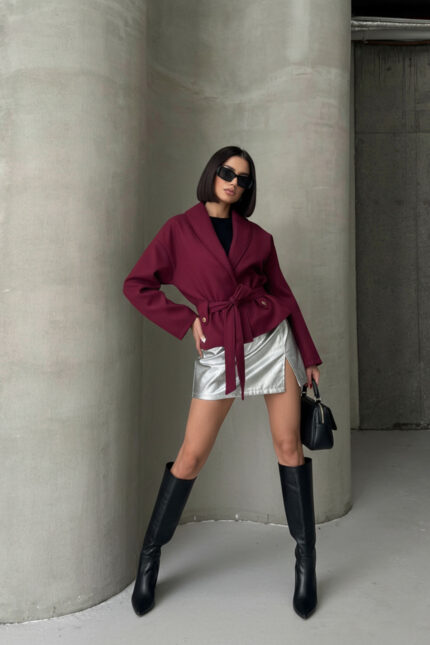 Bağlama Detaylı Düğmeli Rahat Kalıp Kaşmir Hırka/Ceket – Bordo - Alfudo Moda