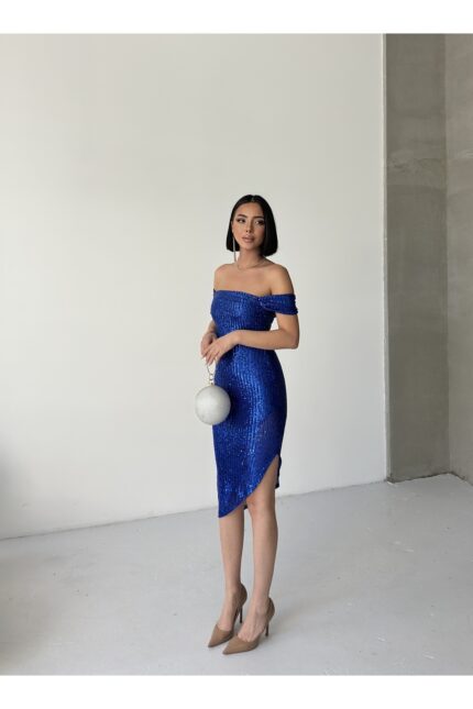 Liana Degaje Yaka Mini Elbise Siyah – Saks Mavisi - Alfudo Moda