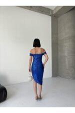 Liana Degaje Yaka Mini Elbise Siyah - Saks Mavisi - Görsel 3