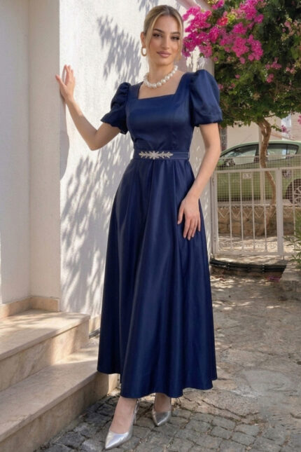 KADIN KARE YAKA KEMER TOKASI DETAYLI Siyah VICTORIA ELBİSE – Lacivert - Alfudo Moda