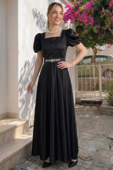 KADIN KARE YAKA KEMER TOKASI DETAYLI SİYAH VICTORIA ELBİSE – Siyah - Alfudo Moda