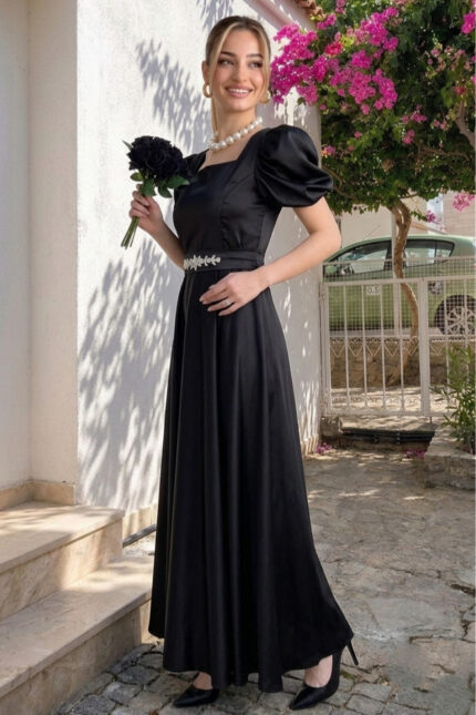 KADIN KARE YAKA KEMER TOKASI DETAYLI SİYAH VICTORIA ELBİSE – Siyah - Alfudo Moda