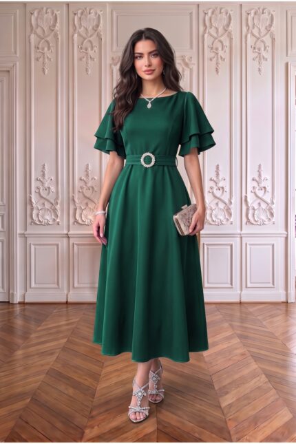 Kuşaklı Katlı Kollu Midi Elbise Kombini – Zümrüt Yeşili - Alfudo Moda