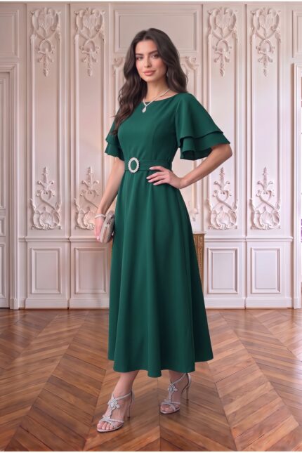 Kuşaklı Katlı Kollu Midi Elbise Kombini – Zümrüt Yeşili - Alfudo Moda