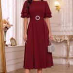 Kuşaklı Katlı Kollu Midi Elbise Kombini - Bordo
