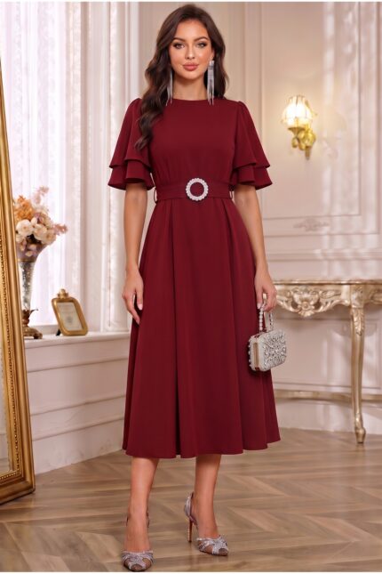 Kuşaklı Katlı Kollu Midi Elbise Kombini – Bordo - Alfudo Moda