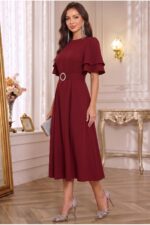 Kuşaklı Katlı Kollu Midi Elbise Kombini - Bordo - Görsel 2