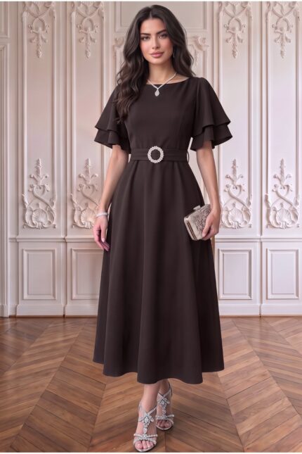 Kuşaklı Katlı Kollu Midi Elbise Kombini – Kahverengi - Alfudo Moda