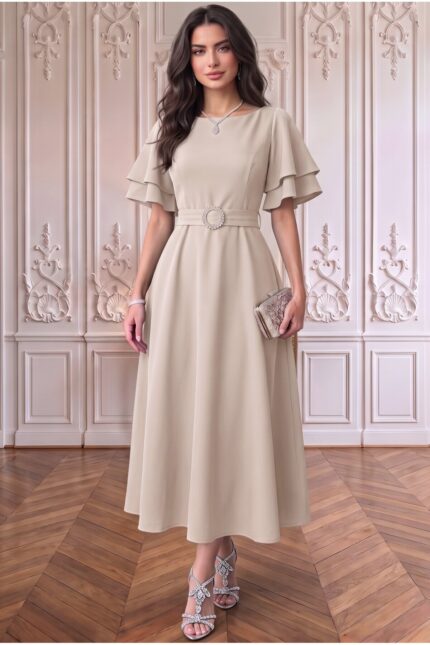 Kuşaklı Katlı Kollu Midi Elbise Kombini – Bej - Alfudo Moda