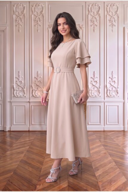 Kuşaklı Katlı Kollu Midi Elbise Kombini – Bej - Alfudo Moda