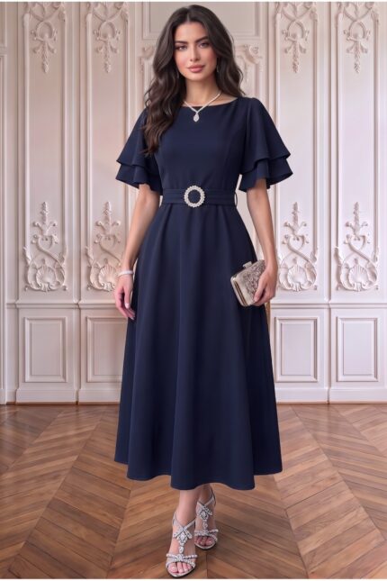 Kuşaklı Katlı Kollu Midi Elbise Kombini – Lacivert - Alfudo Moda