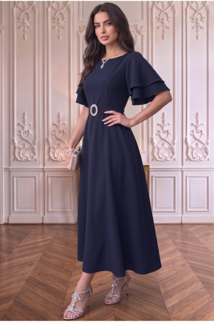 Kuşaklı Katlı Kollu Midi Elbise Kombini – Lacivert - Alfudo Moda