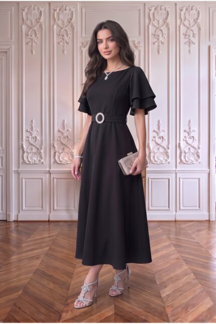 Kuşaklı Katlı Kollu Midi Elbise Kombini – Siyah - Alfudo Moda